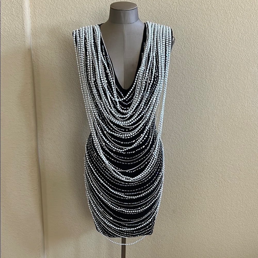 Black Dress with White Beaded Overlay